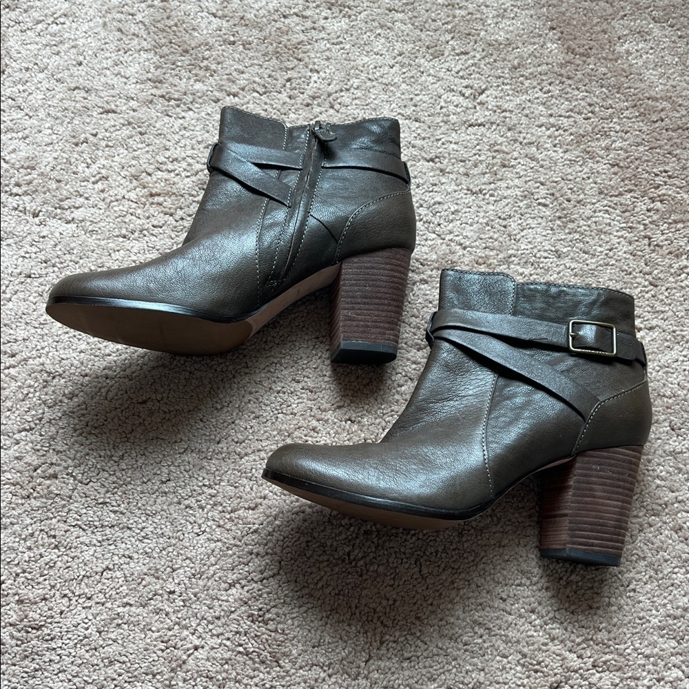 Cole Haan Olive Gray Leather Ankle Booties with Stacked Heel